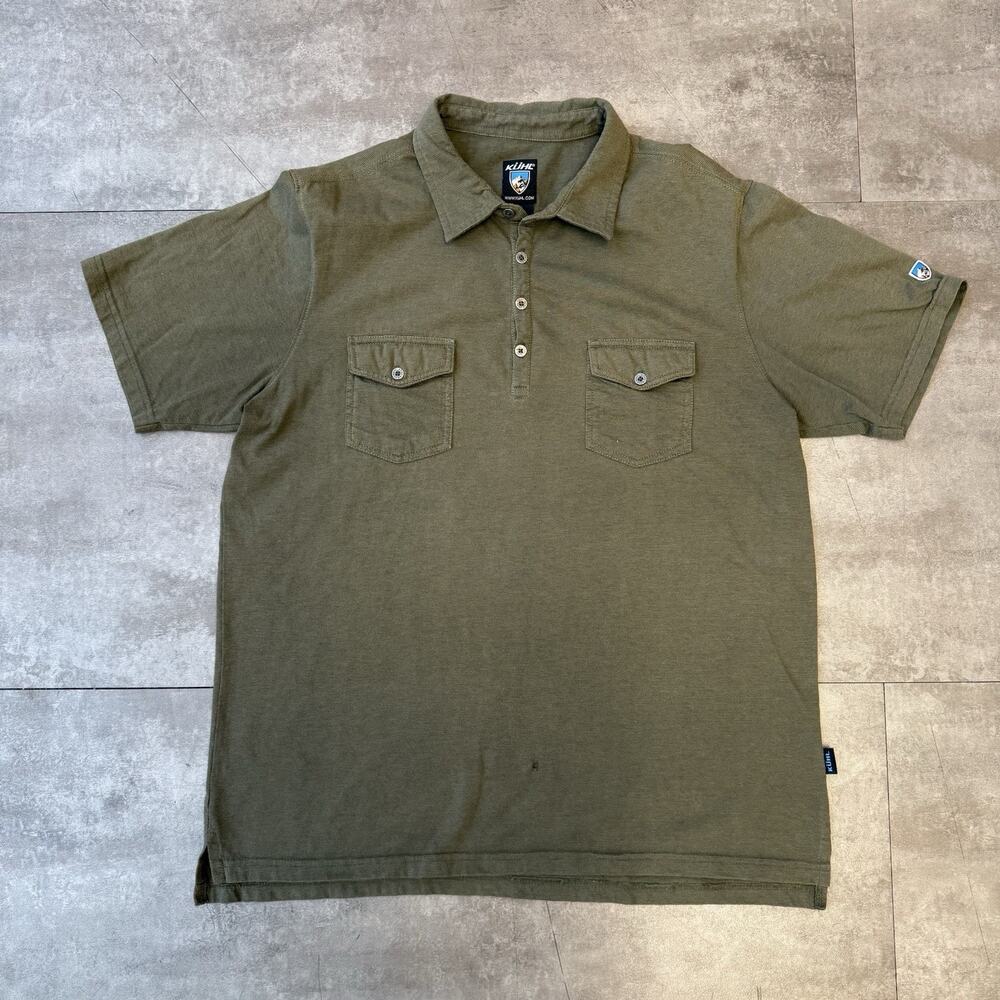 KUHL Shirt Men’s Large Polo Short Sleeve Pockets Olive Green READ